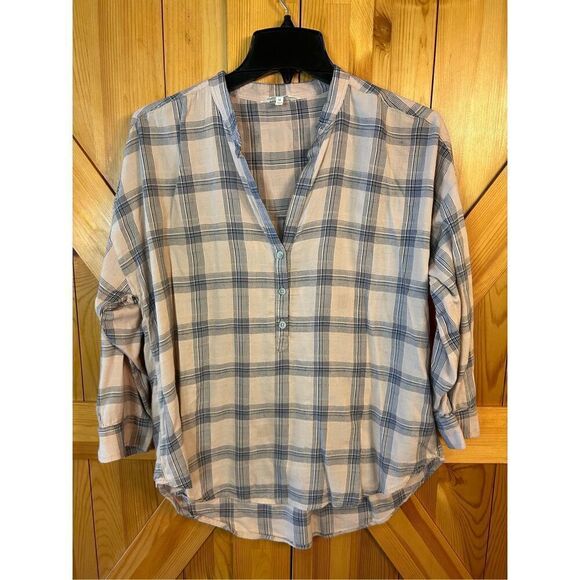 Lucky Brand size M Pink Navy 3/4 sleeve Cotton Pullover Front Buttons (3955) Rea - Picture 1 of 6